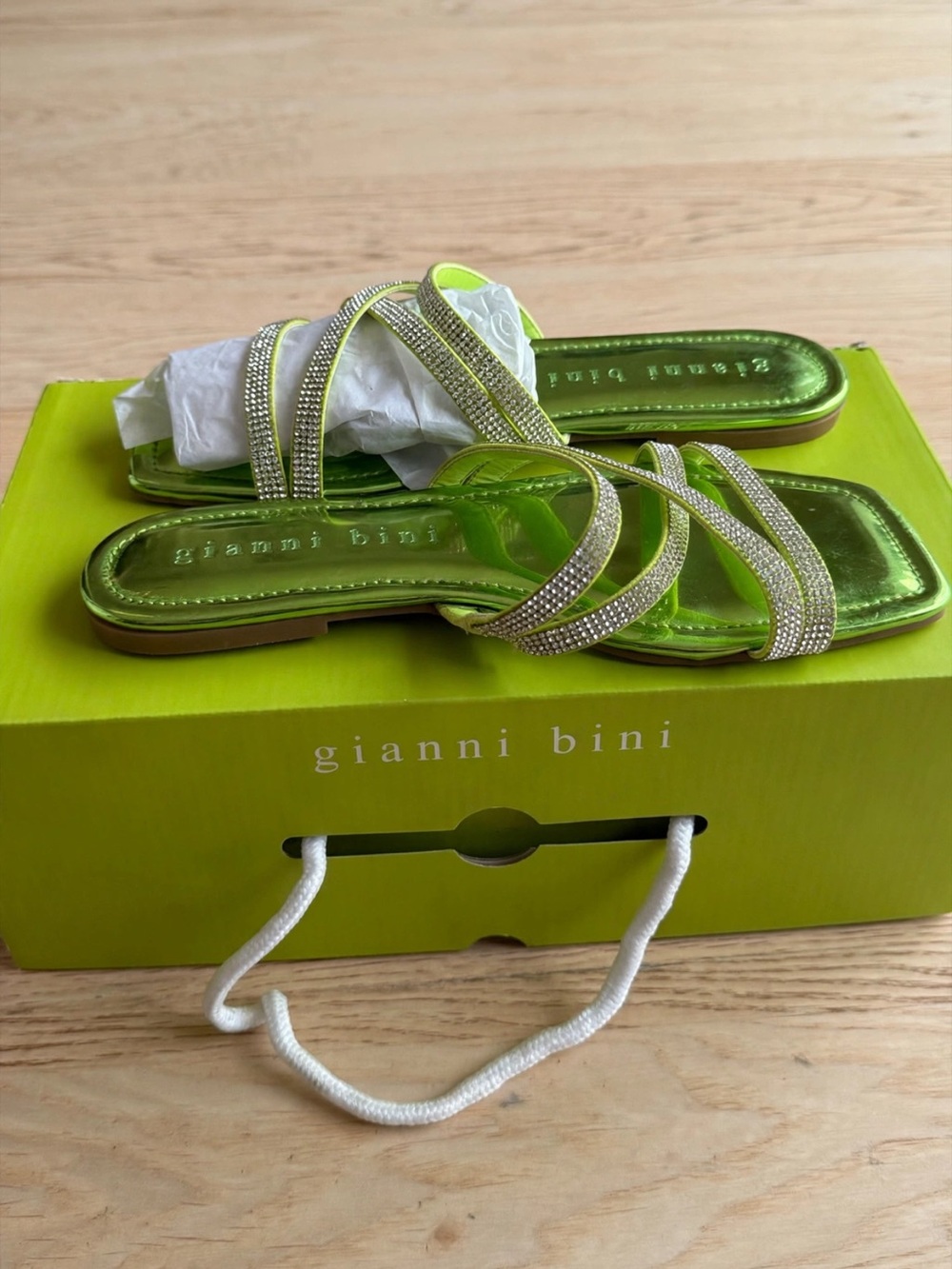 Gianni Bini Visco Green Rhinestone Strappy Slide Sandals